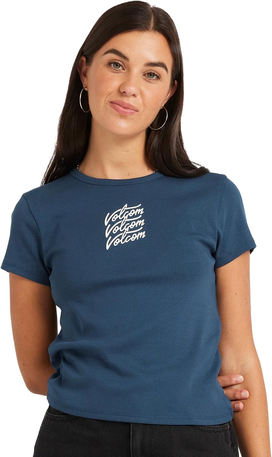 Volcom Women's Have a Clue Short Sleeve Tee – Fitted T-Shirt with Striped Neck Taping Deep Blue