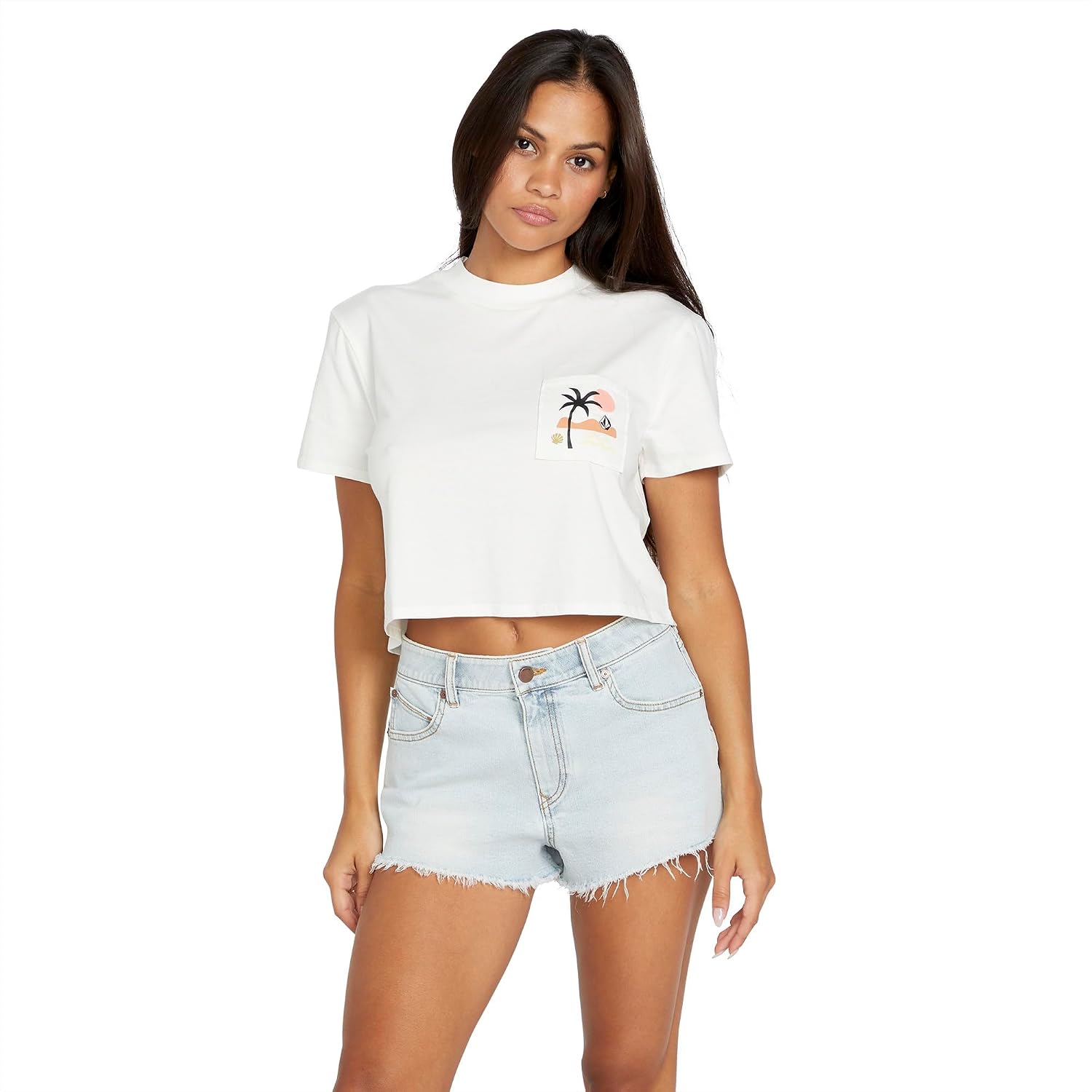 Volcom Women's Short Sleeve Pocket Dial Tee – Crew Neck T-Shirt with Chest Pocket and Screen Print Star White Logo