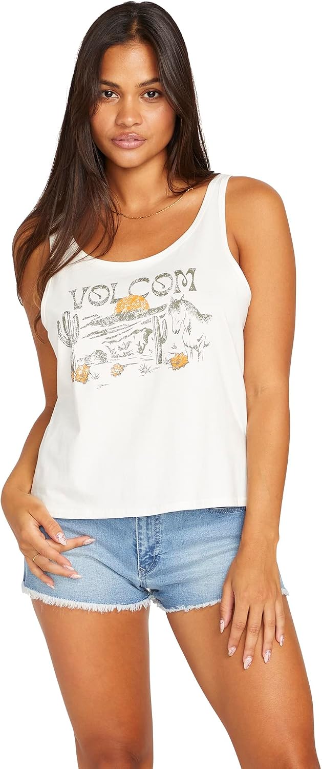 Volcom Women's to The Bank Organic Cotton Graphic Tank Top – Relaxed Boxy Fit, Breezy Summer Style Star White