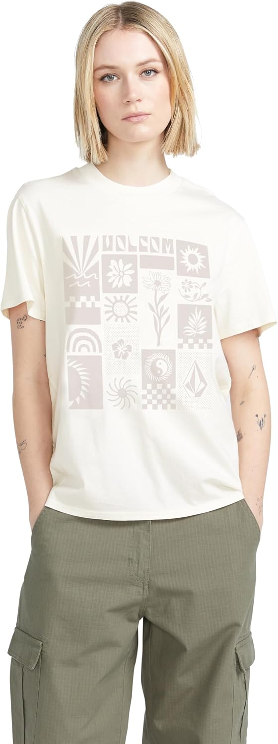Volcom Women's Lock It Up Short Sleeve Tee – Crew Neck T-Shirt with Striped Neck Taping Bone