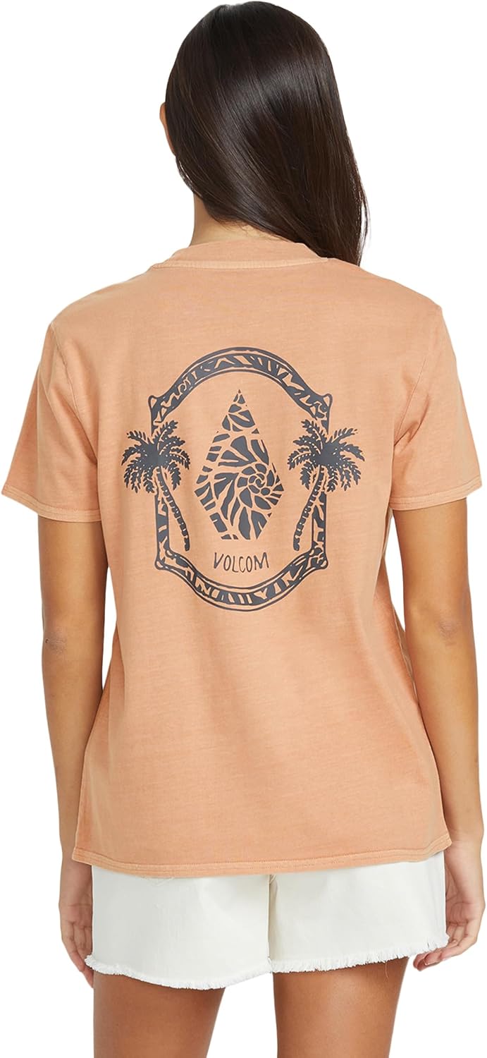 Volcom Women's Lock It Up Short Sleeve Tee – Crew Neck T-Shirt with Striped Neck Taping Sand Brown