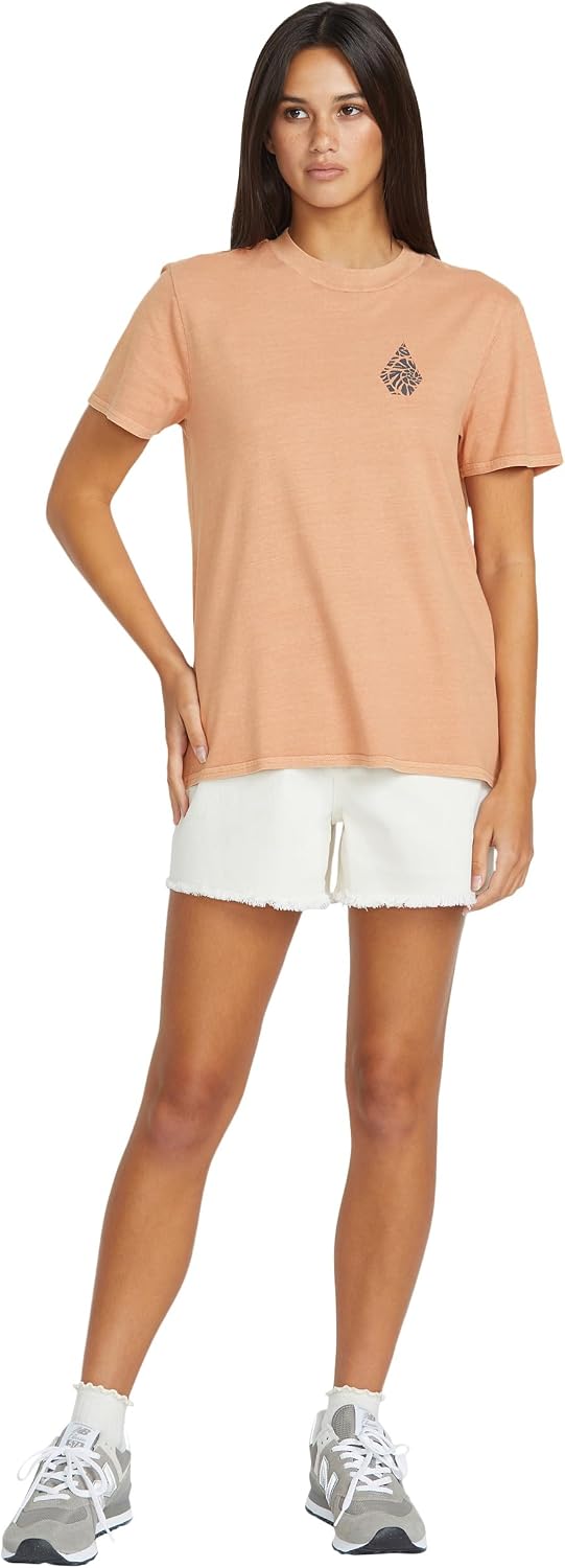 Volcom Women's Lock It Up Short Sleeve Tee – Crew Neck T-Shirt with Striped Neck Taping Sand Brown