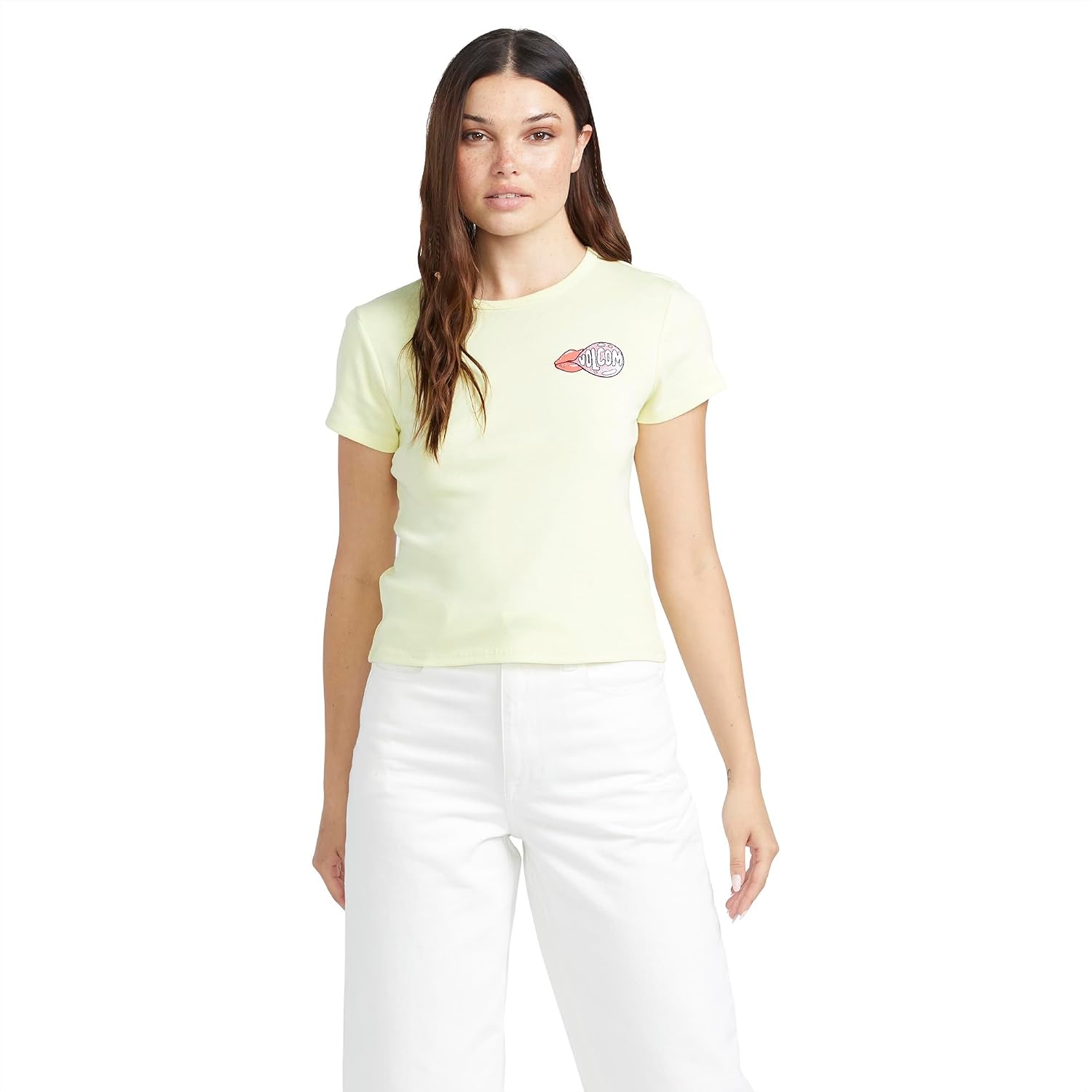 Volcom Women's Have a Clue Short Sleeve Tee – Fitted T-Shirt with Striped Neck Taping Lemon