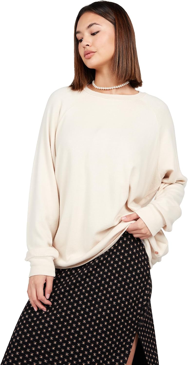 Volcom Women's Lived In Lounge Crew Neck Fleece Sweatshirt Sand