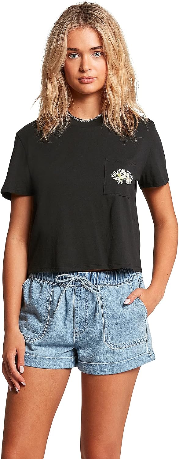Volcom Women's Short Sleeve Pocket Dial Tee – Crew Neck T-Shirt with Chest Pocket and Screen Print Onyx