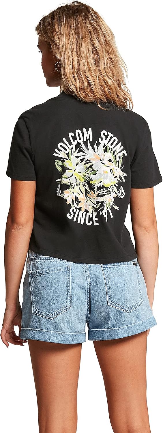 Volcom Women's Short Sleeve Pocket Dial Tee – Crew Neck T-Shirt with Chest Pocket and Screen Print Onyx