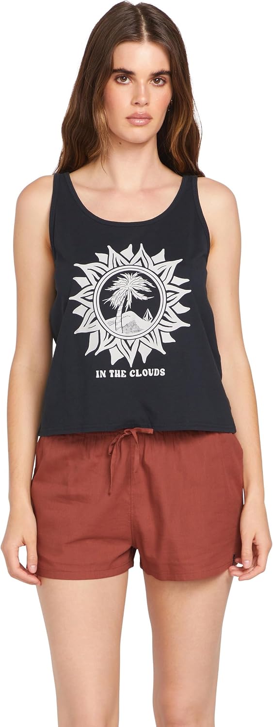 Volcom Women's to The Bank Organic Cotton Graphic Tank Top – Relaxed Boxy Fit, Breezy Summer Style Black White