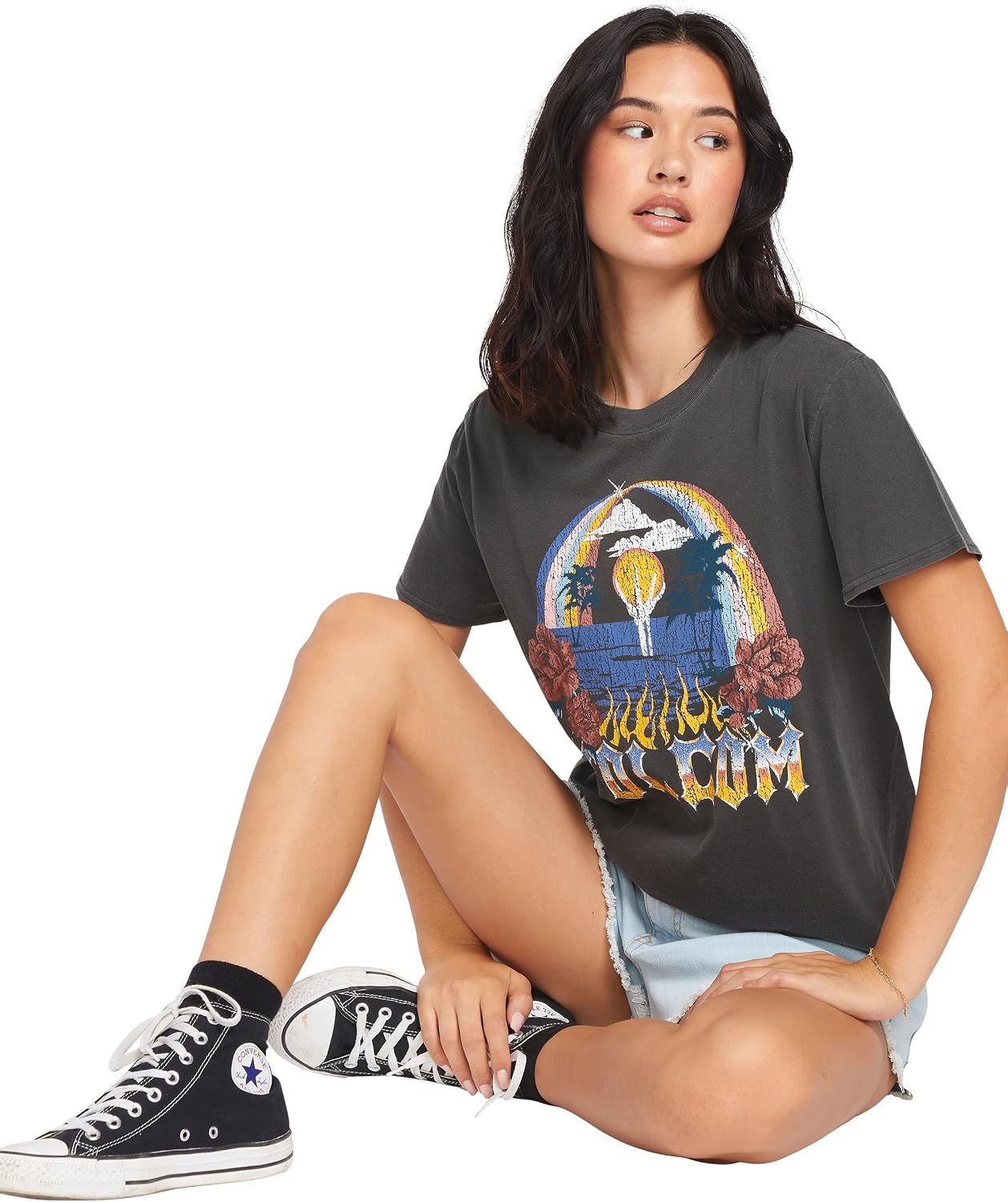 Volcom Women's Lock It Up Short Sleeve Tee – Crew Neck T-Shirt with Striped Neck Taping Black White