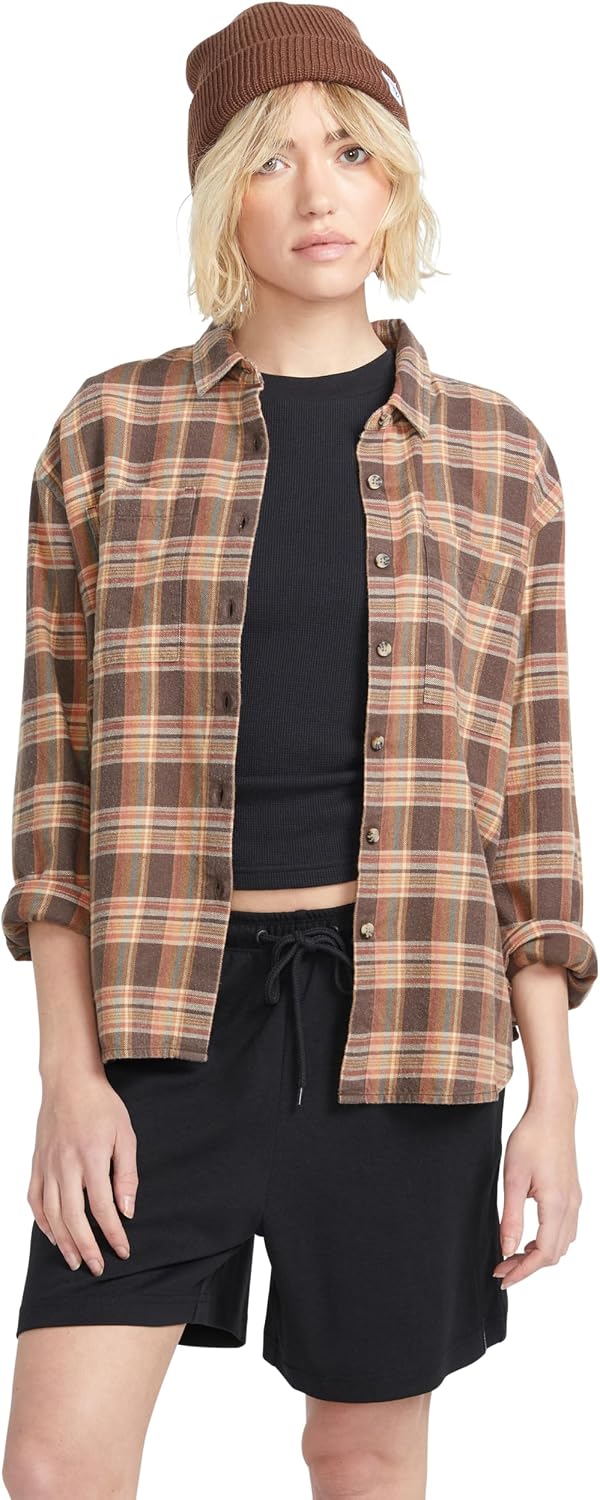Volcom Women's Plaid to Meet U Long Sleeve Flannel Shirt Vintage Brown