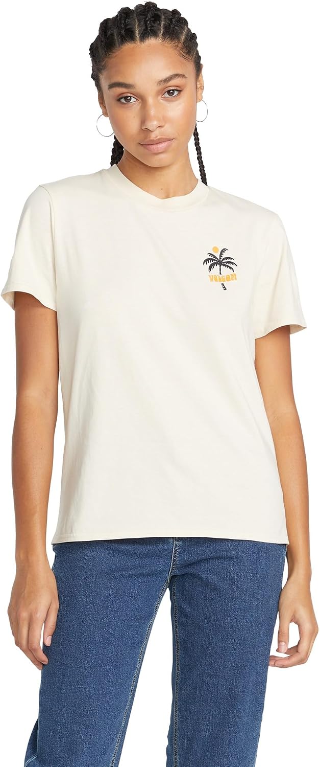 Volcom Women's Lock It Up Short Sleeve Tee – Crew Neck T-Shirt with Striped Neck Taping Cloud