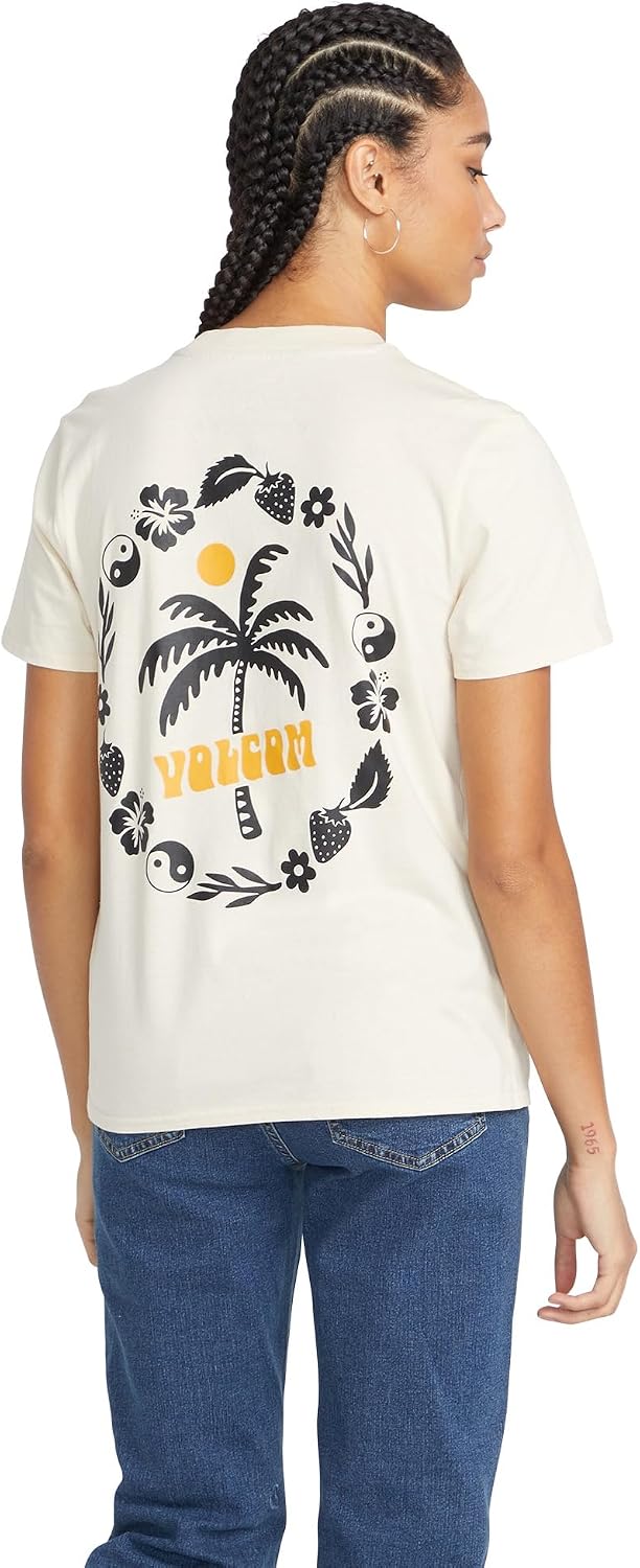 Volcom Women's Lock It Up Short Sleeve Tee – Crew Neck T-Shirt with Striped Neck Taping Cloud