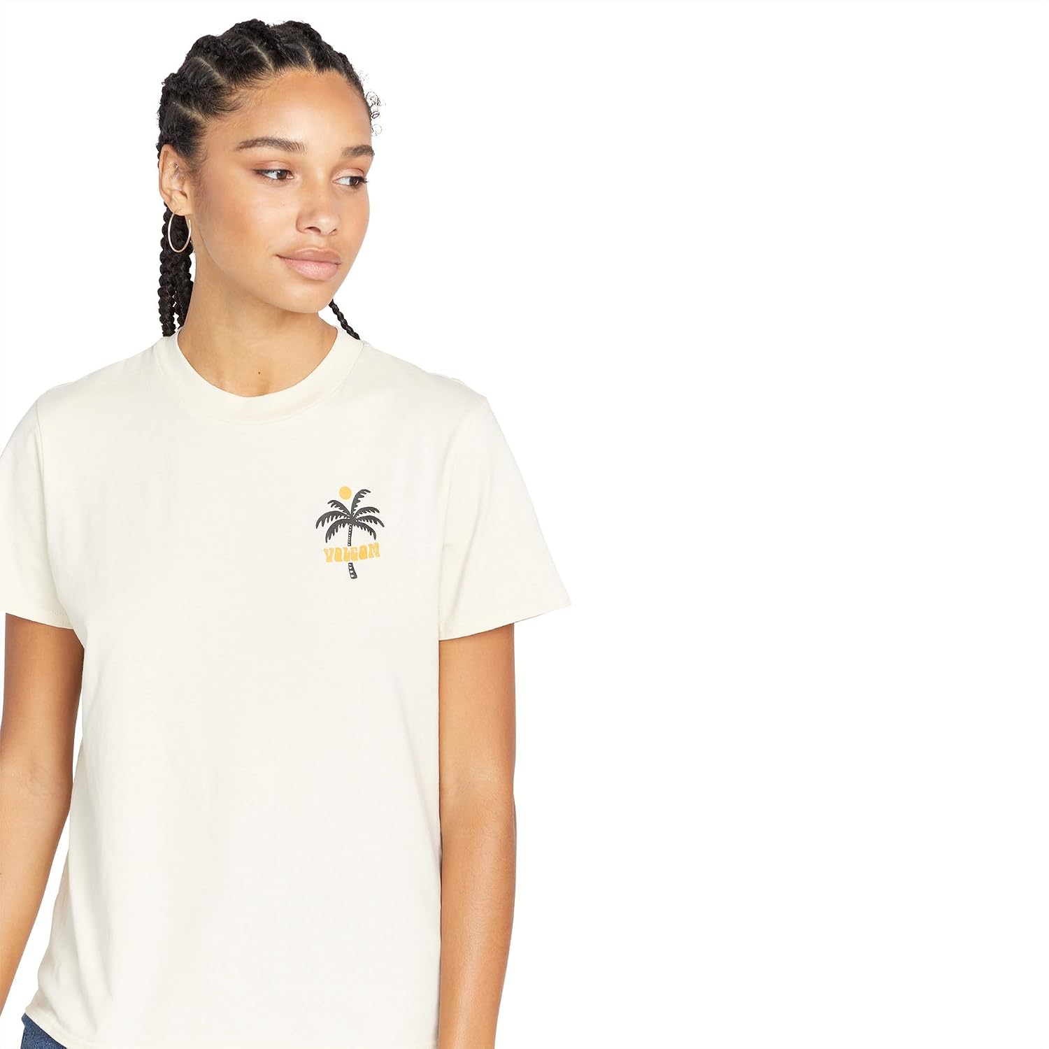 Volcom Women's Lock It Up Short Sleeve Tee – Crew Neck T-Shirt with Striped Neck Taping Cloud