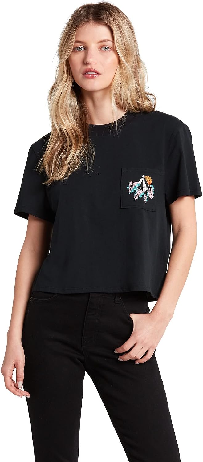 Volcom Women's Short Sleeve Pocket Dial Tee – Crew Neck T-Shirt with Chest Pocket and Screen Print Black New