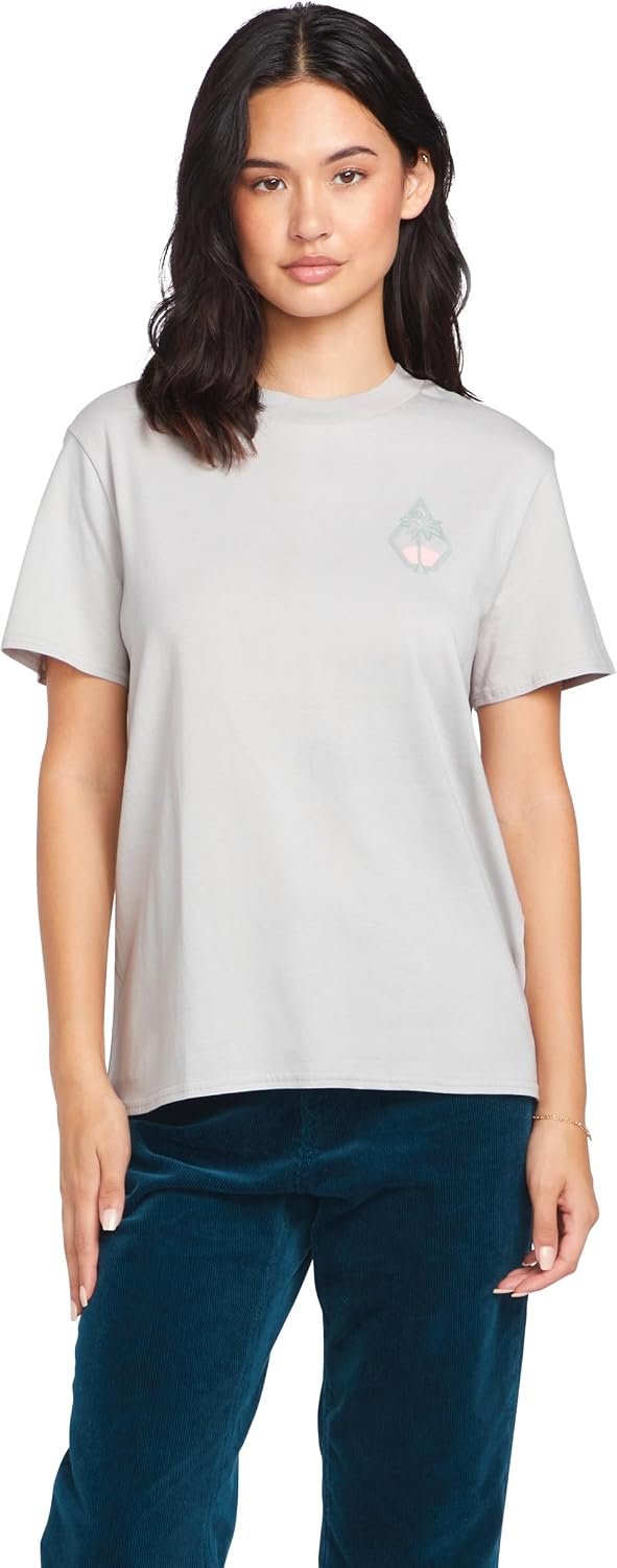 Volcom Women's Lock It Up Short Sleeve Tee – Crew Neck T-Shirt with Striped Neck Taping Light Grey Grey