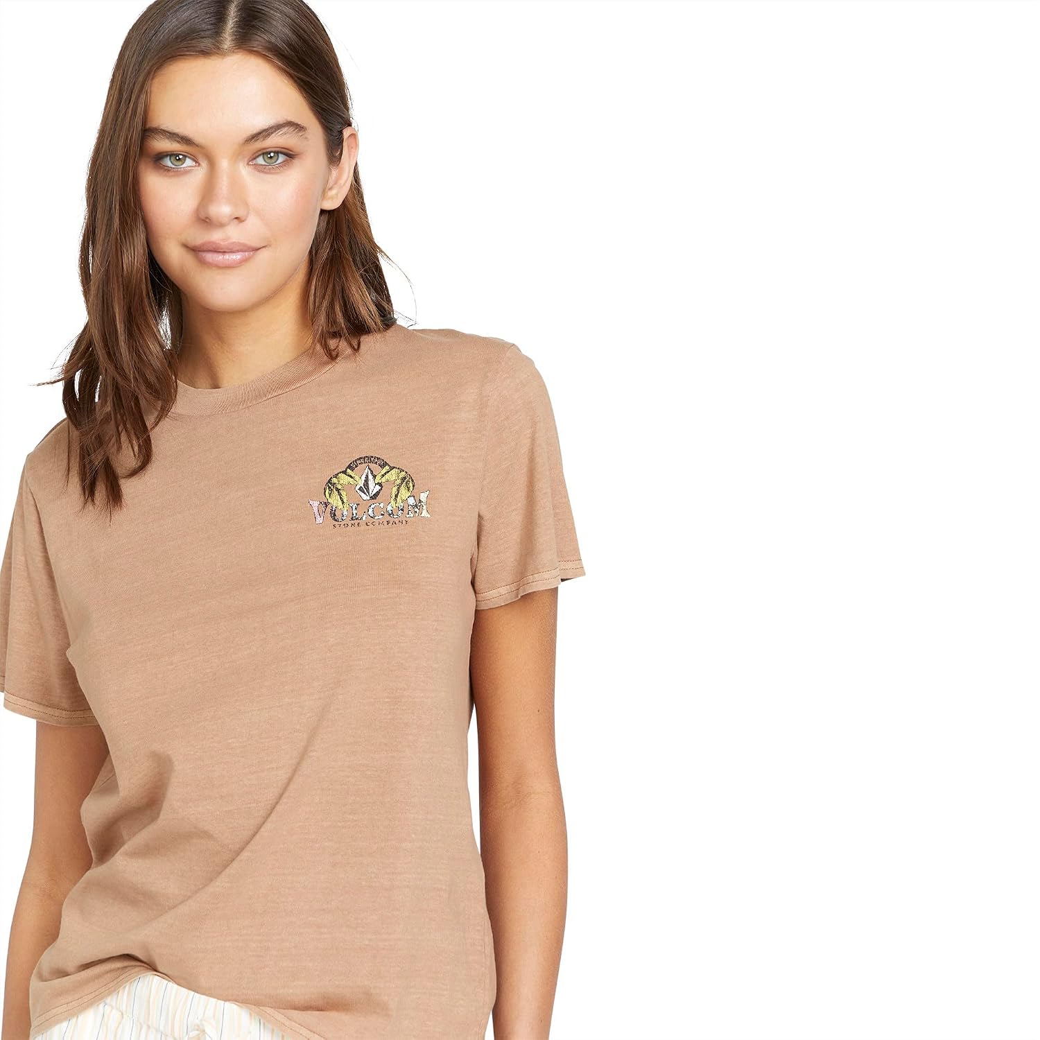Volcom Women's Lock It Up Short Sleeve Tee – Crew Neck T-Shirt with Striped Neck Taping Mocha