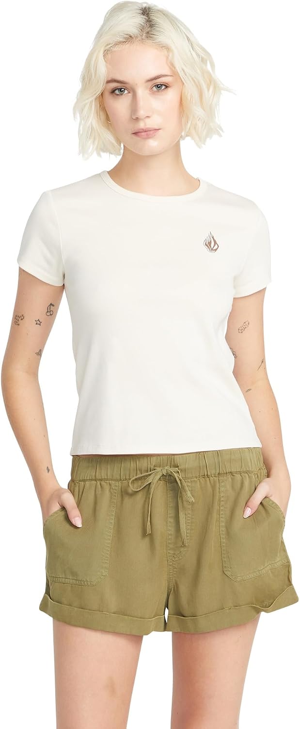 Volcom Women's Have a Clue Short Sleeve Tee – Fitted T-Shirt with Striped Neck Taping Cloud