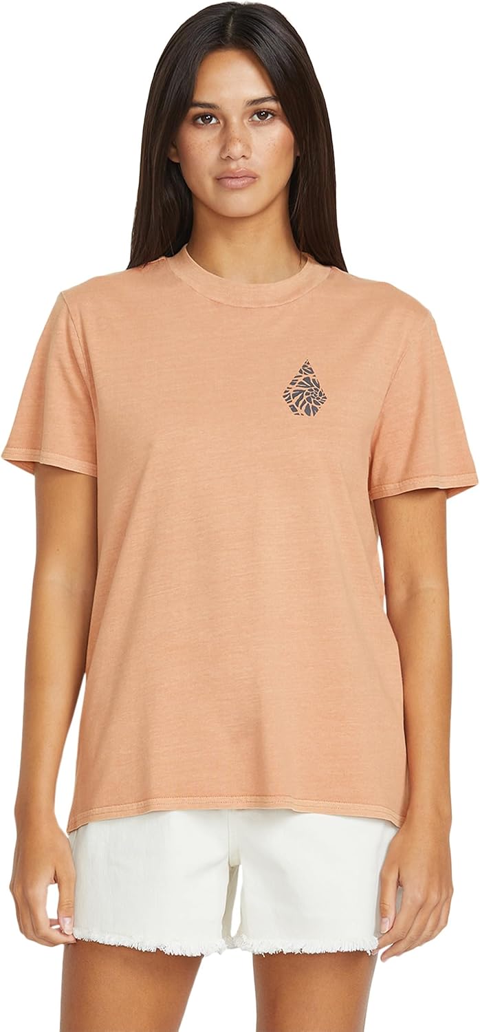 Volcom Women's Lock It Up Short Sleeve Tee – Crew Neck T-Shirt with Striped Neck Taping Sand Brown