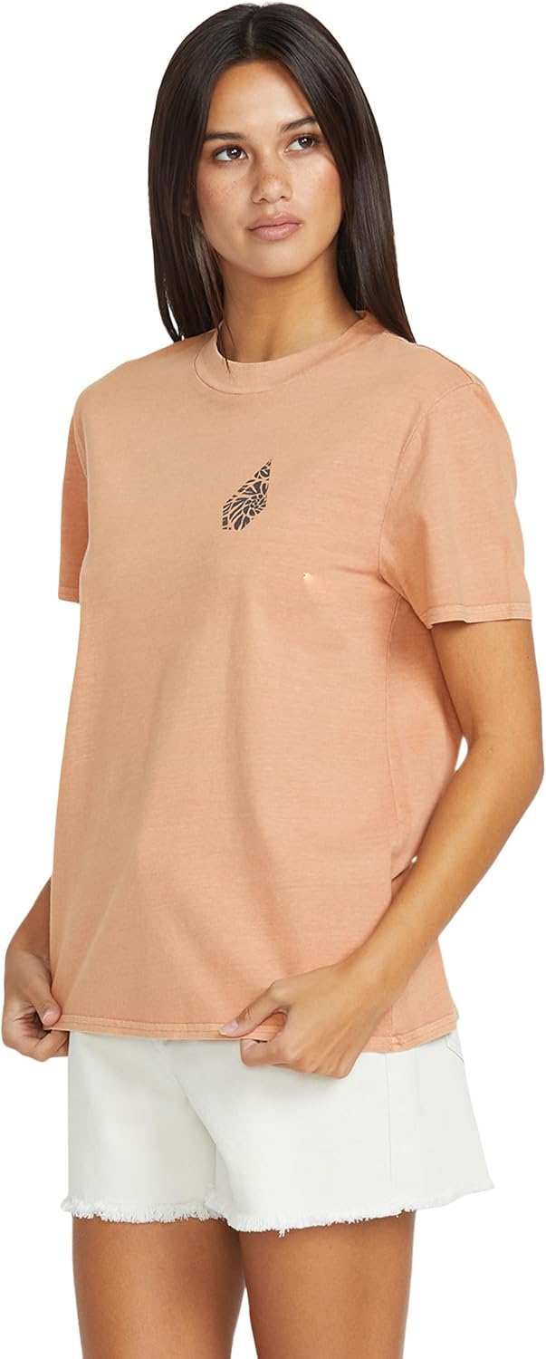 Volcom Women's Lock It Up Short Sleeve Tee – Crew Neck T-Shirt with Striped Neck Taping Sand Brown
