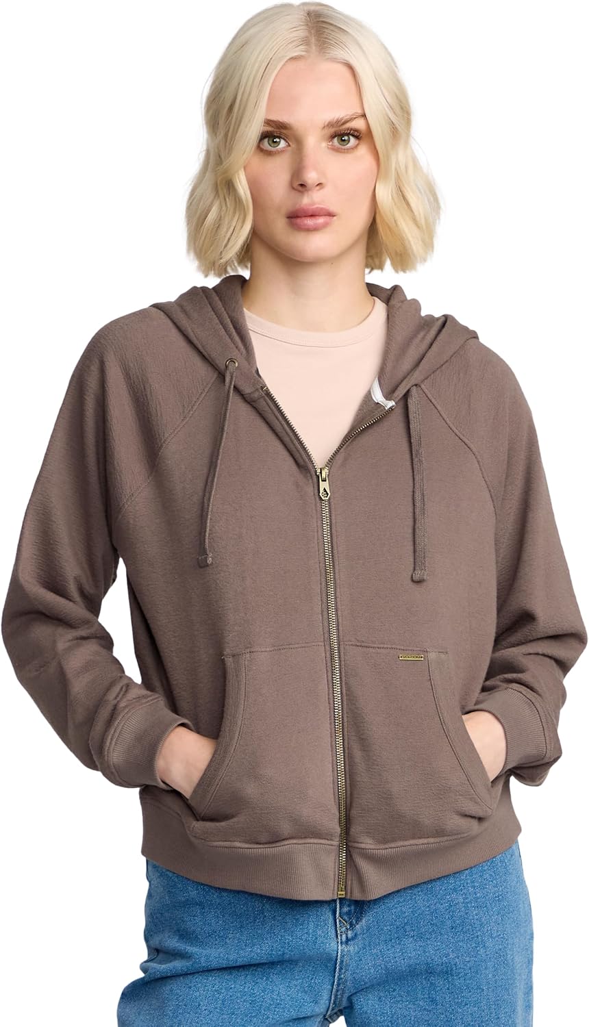Volcom Women's Lil Zip Up Hooded Fleece Sweatshirt Black Plum