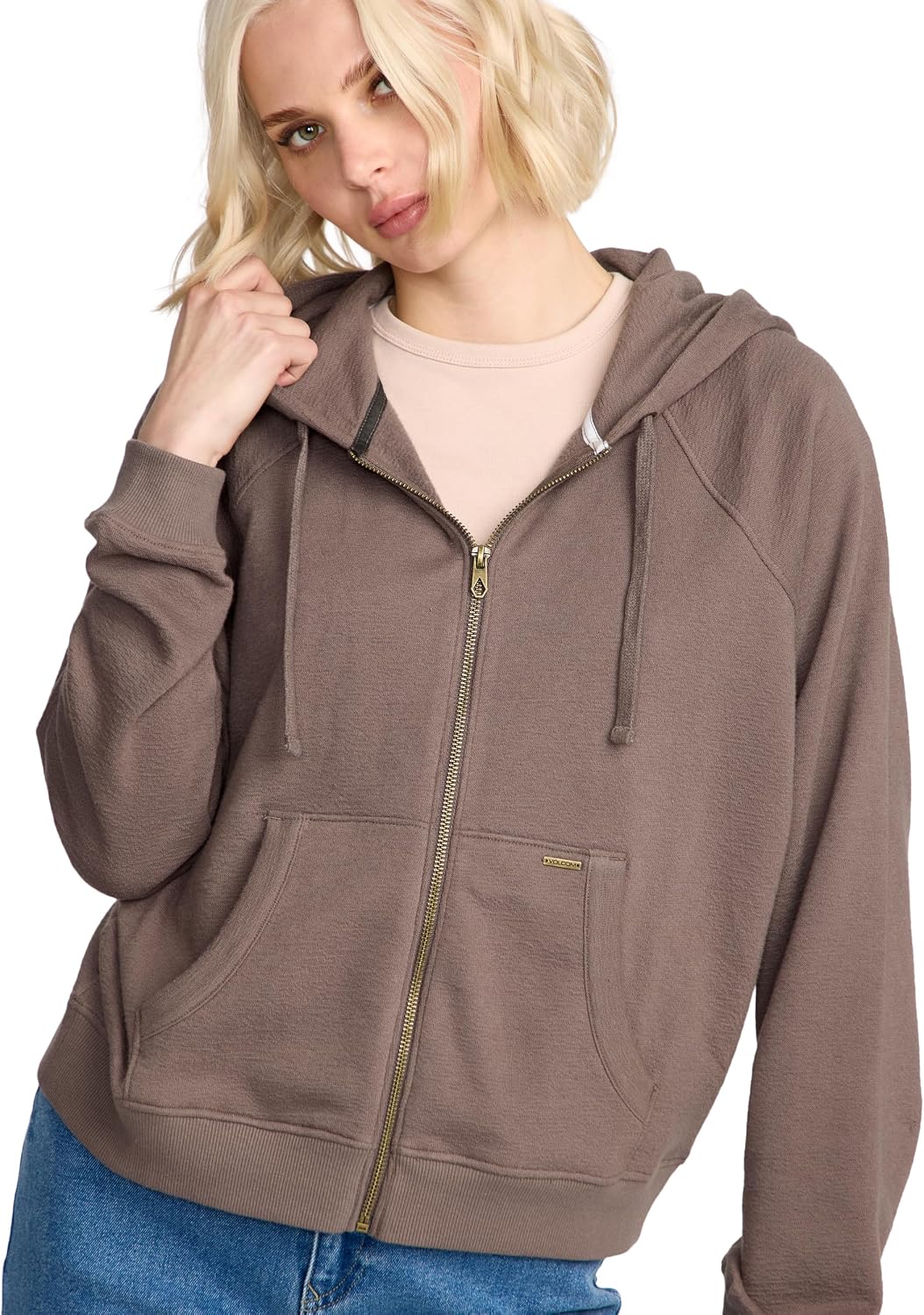 Volcom Women's Lil Zip Up Hooded Fleece Sweatshirt Black Plum