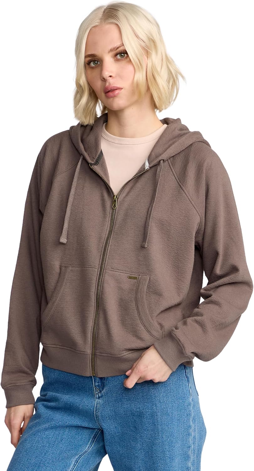Volcom Women's Lil Zip Up Hooded Fleece Sweatshirt Black Plum