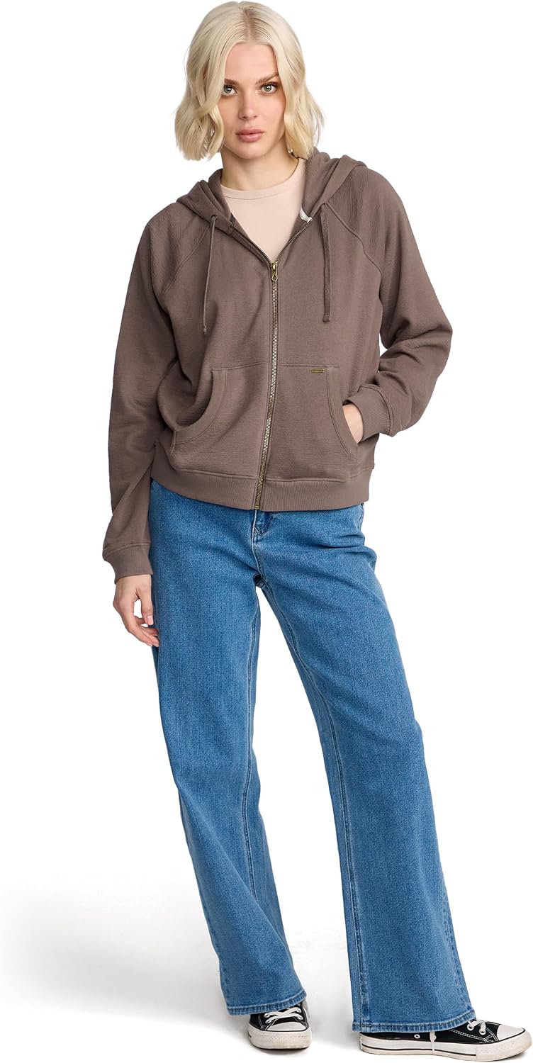 Volcom Women's Lil Zip Up Hooded Fleece Sweatshirt Black Plum