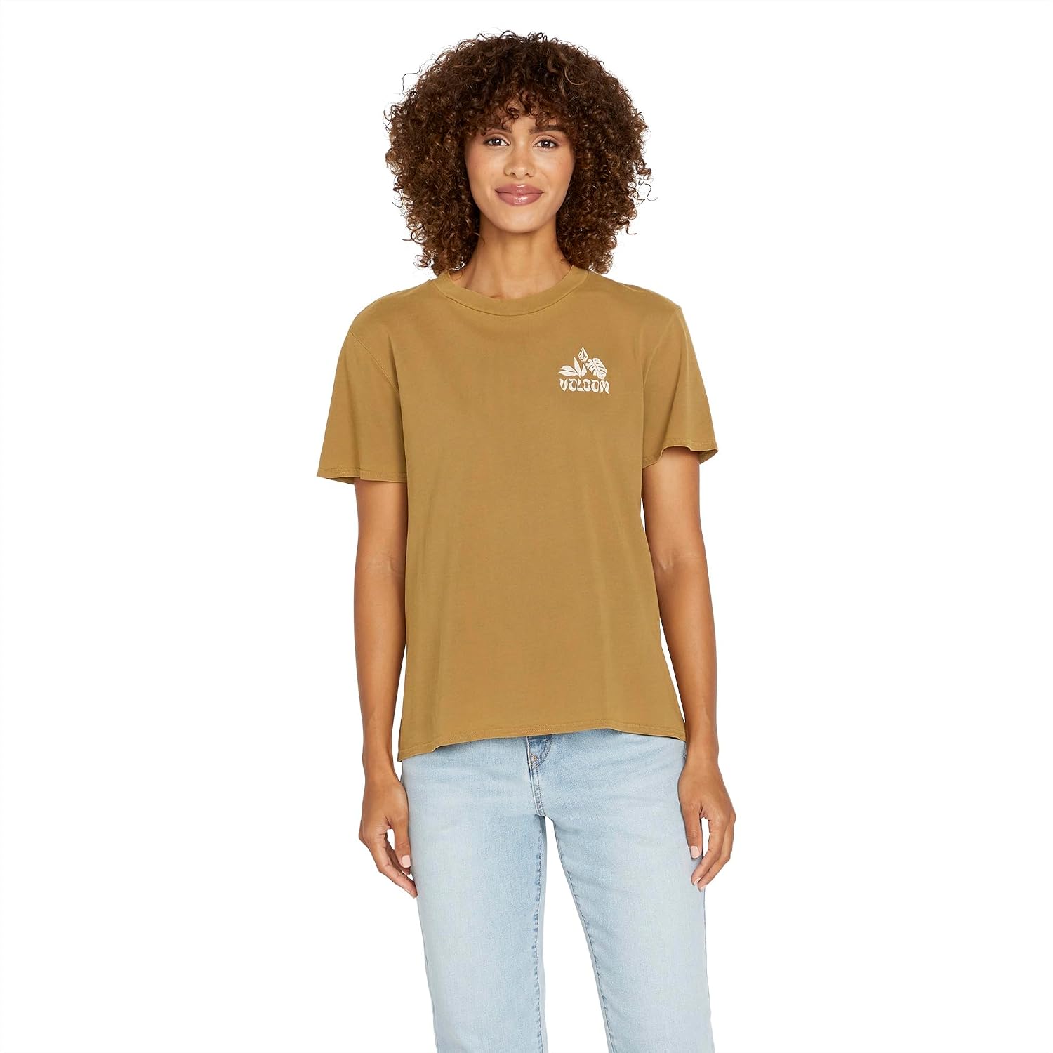 Volcom Women's Lock It Up Short Sleeve Tee – Crew Neck T-Shirt with Striped Neck Taping Rustic Brown