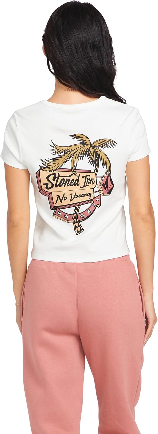 Volcom Women's Have a Clue Short Sleeve Tee – Fitted T-Shirt with Striped Neck Taping Star White White