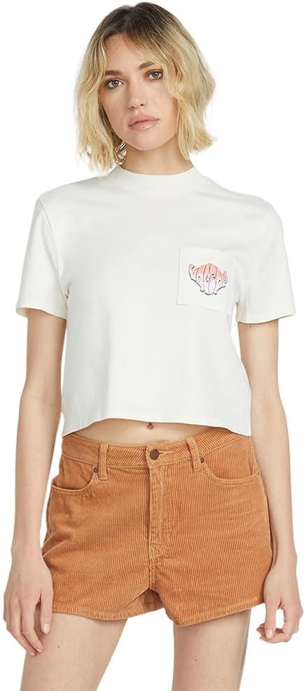Volcom Women's Short Sleeve Pocket Dial Tee – Crew Neck T-Shirt with Chest Pocket and Screen Print Bone White