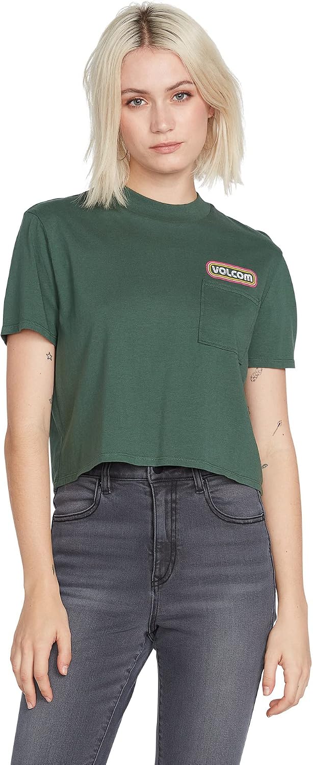 Volcom Women's Short Sleeve Pocket Dial Tee – Crew Neck T-Shirt with Chest Pocket and Screen Print Dark Pine