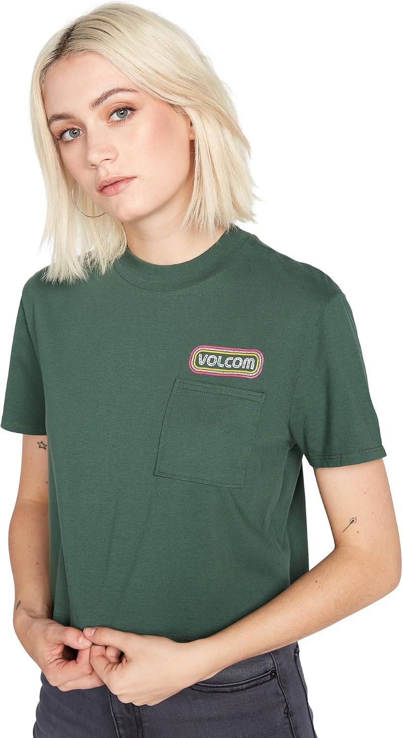 Volcom Women's Short Sleeve Pocket Dial Tee – Crew Neck T-Shirt with Chest Pocket and Screen Print Dark Pine