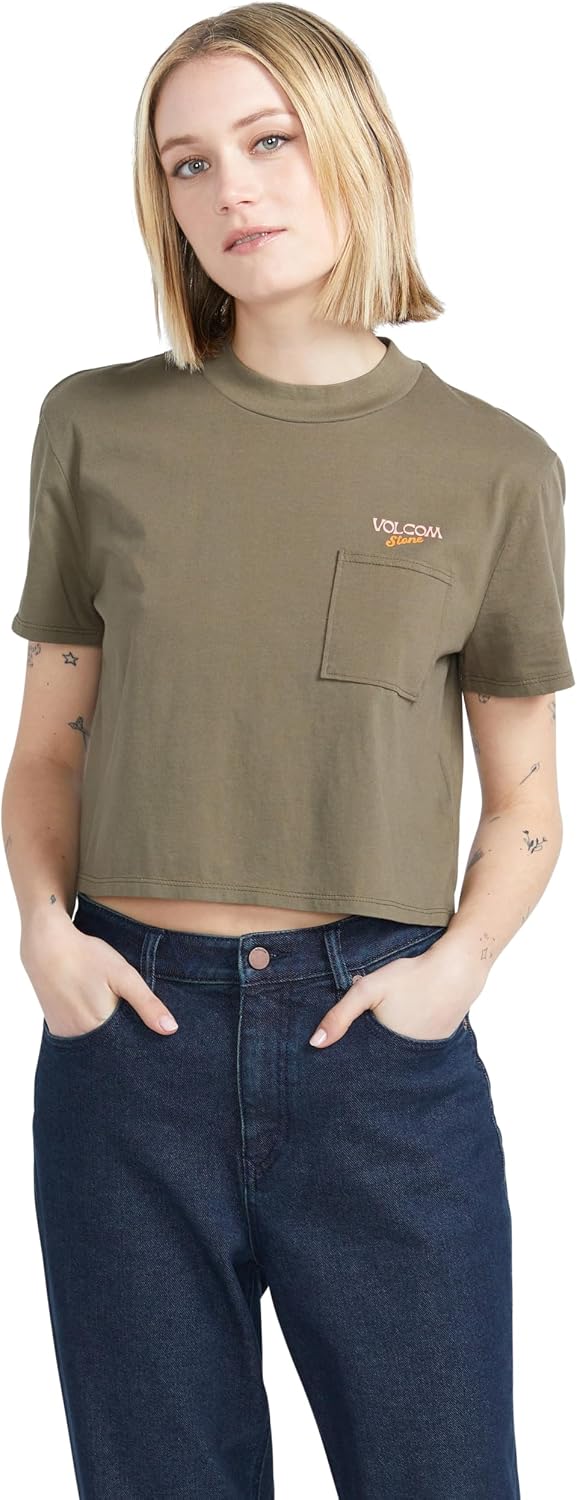 Volcom Women's Short Sleeve Pocket Dial Tee – Crew Neck T-Shirt with Chest Pocket and Screen Print Army