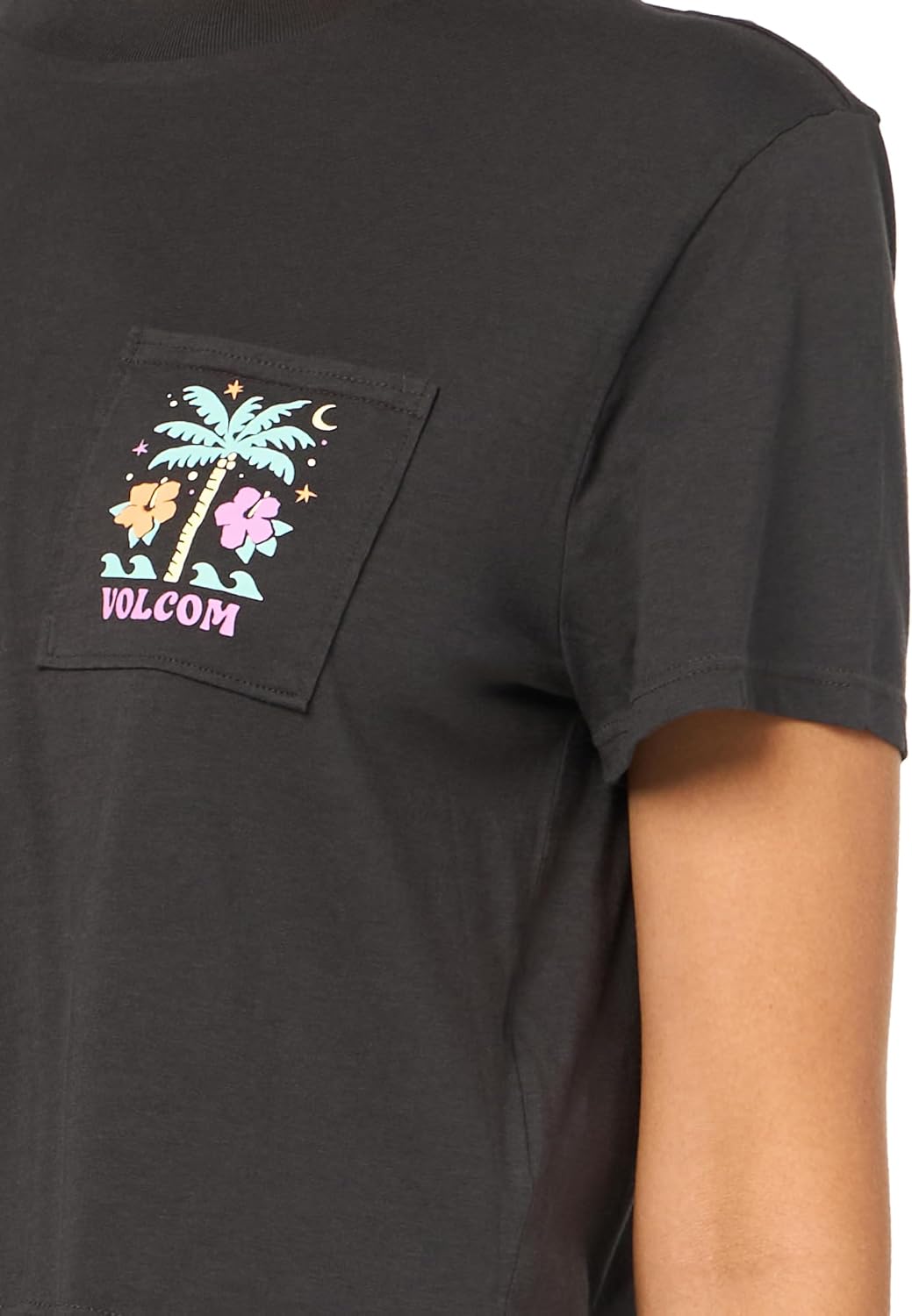 Volcom Women's Short Sleeve Pocket Dial Tee – Crew Neck T-Shirt with Chest Pocket and Screen Print Vintage Black