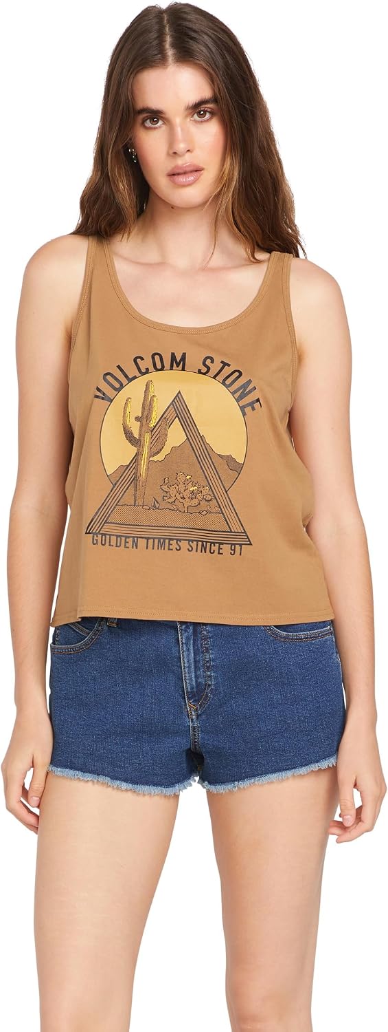 Volcom Women's to The Bank Organic Cotton Graphic Tank Top – Relaxed Boxy Fit, Breezy Summer Style Vintage Brown
