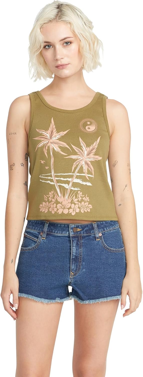 Volcom Women's to The Bank Organic Cotton Graphic Tank Top – Relaxed Boxy Fit, Breezy Summer Style Moss