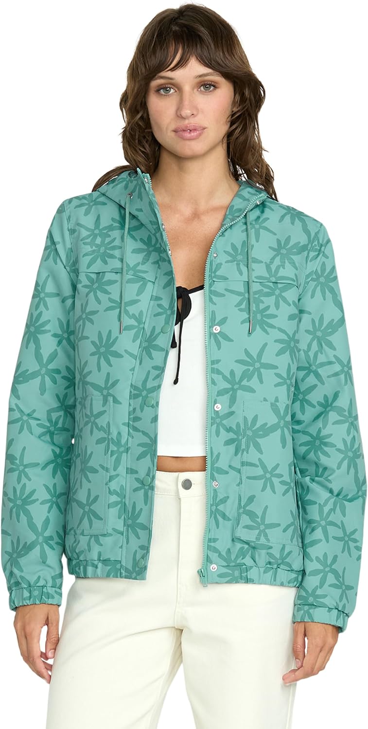 Volcom Women's Enemy Stone Hooded Zip Front Windbreaker Jacket Stormy Blue