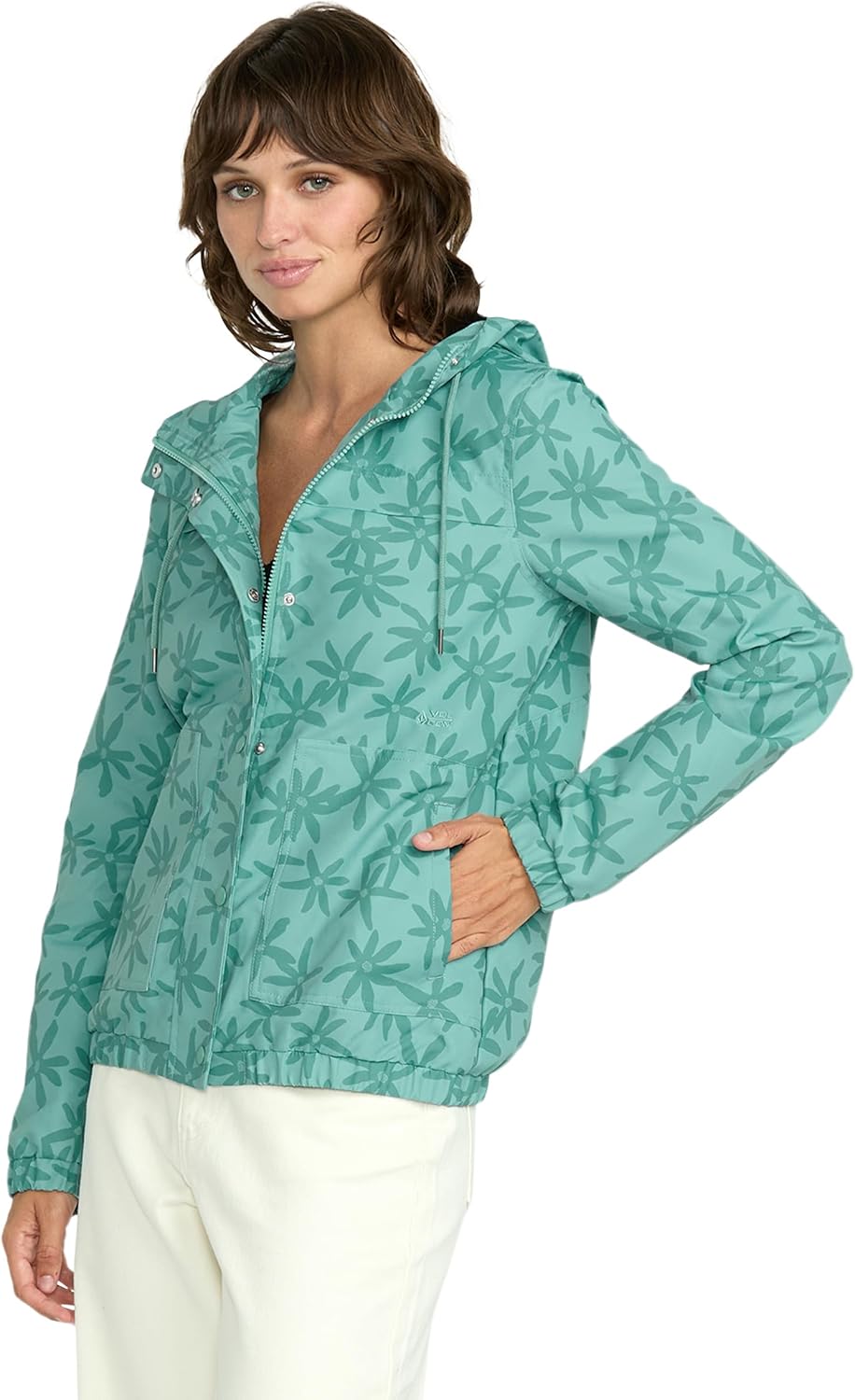 Volcom Women's Enemy Stone Hooded Zip Front Windbreaker Jacket Stormy Blue