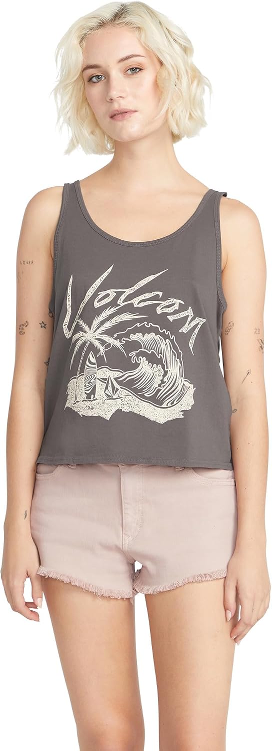 Volcom Women's to The Bank Organic Cotton Graphic Tank Top – Relaxed Boxy Fit, Breezy Summer Style Slate Grey