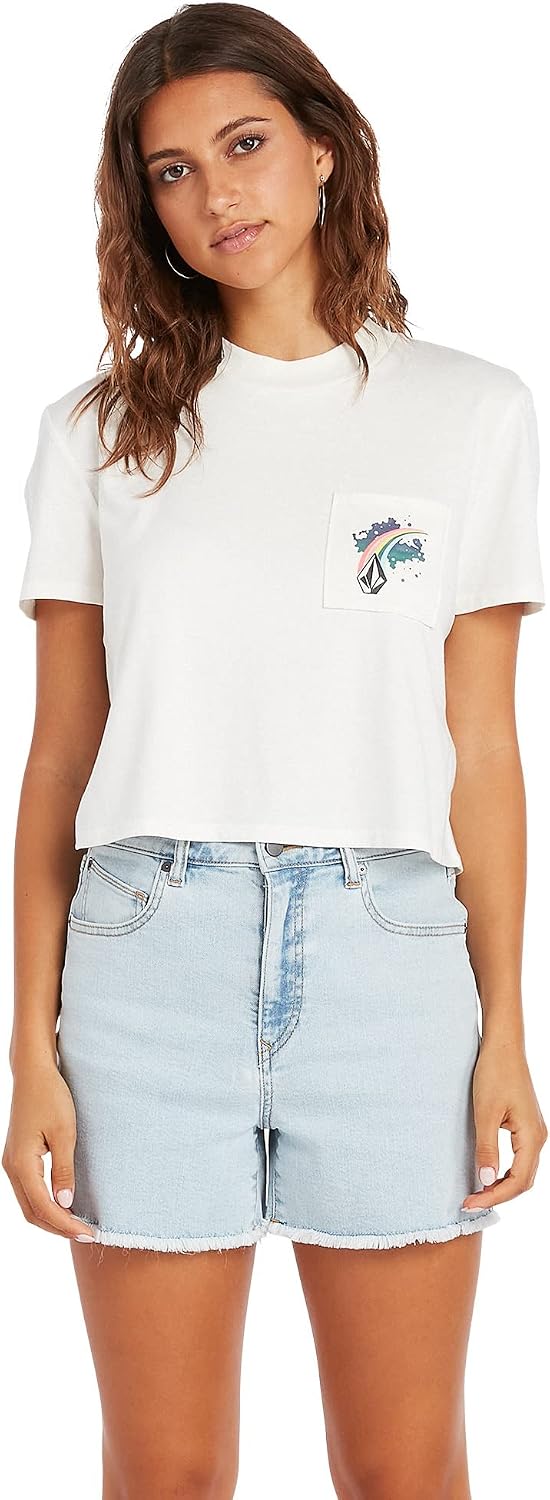 Volcom Women's Short Sleeve Pocket Dial Tee – Crew Neck T-Shirt with Chest Pocket and Screen Print Star Star White