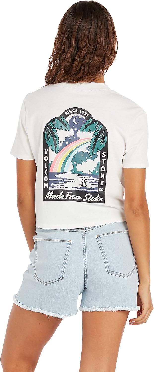 Volcom Women's Short Sleeve Pocket Dial Tee – Crew Neck T-Shirt with Chest Pocket and Screen Print Star Star White