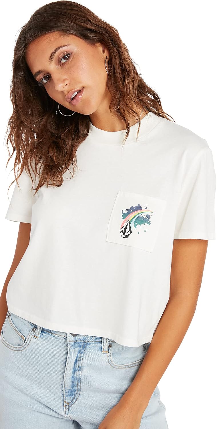Volcom Women's Short Sleeve Pocket Dial Tee – Crew Neck T-Shirt with Chest Pocket and Screen Print Star Star White