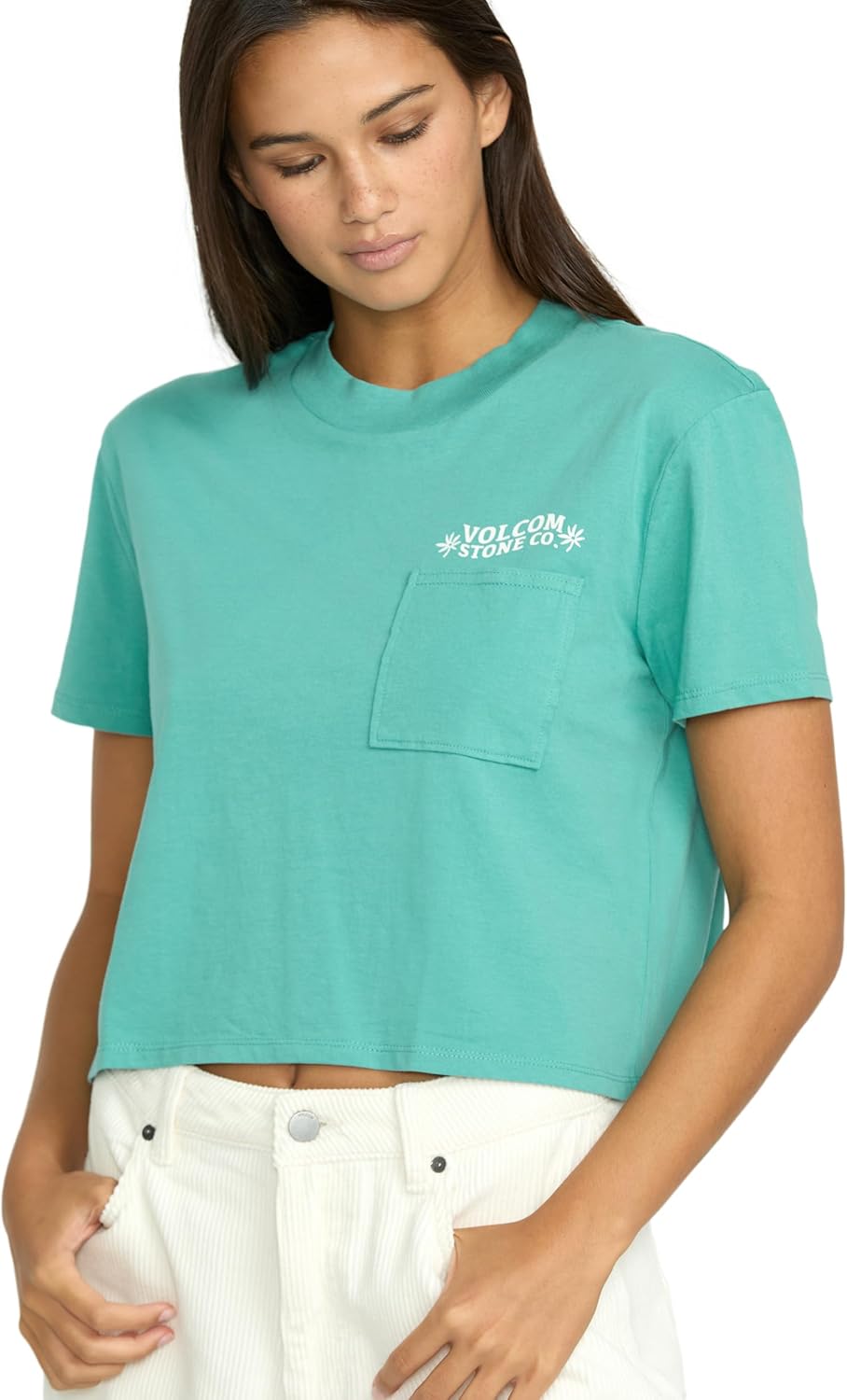 Volcom Women's Short Sleeve Pocket Dial Tee – Crew Neck T-Shirt with Chest Pocket and Screen Print Stormy Blue