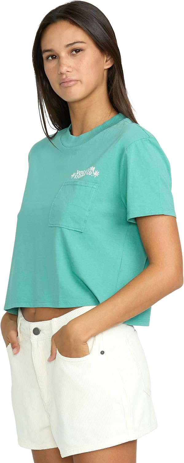 Volcom Women's Short Sleeve Pocket Dial Tee – Crew Neck T-Shirt with Chest Pocket and Screen Print Stormy Blue