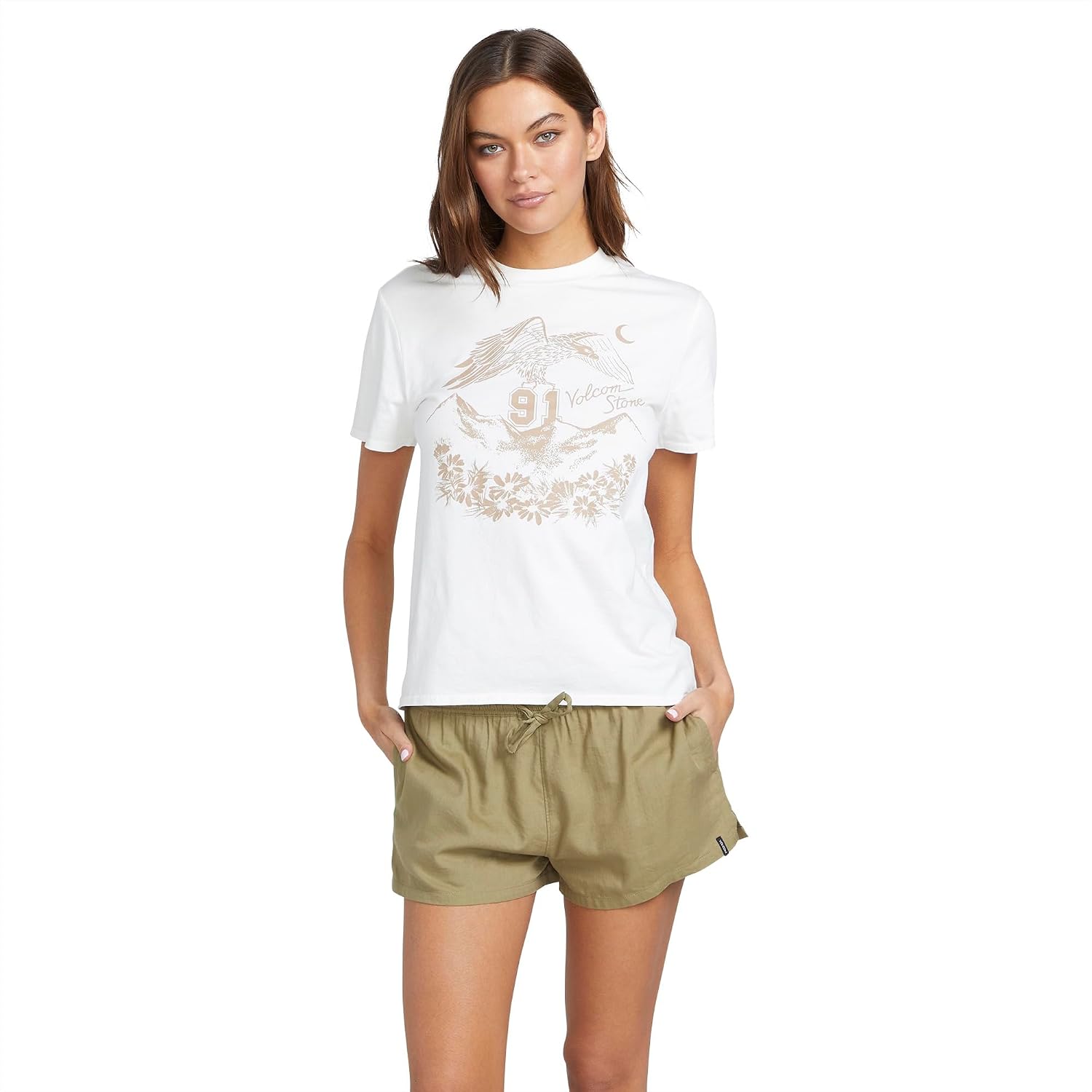 Volcom Women's Lock It Up Short Sleeve Tee – Crew Neck T-Shirt with Striped Neck Taping Star White White