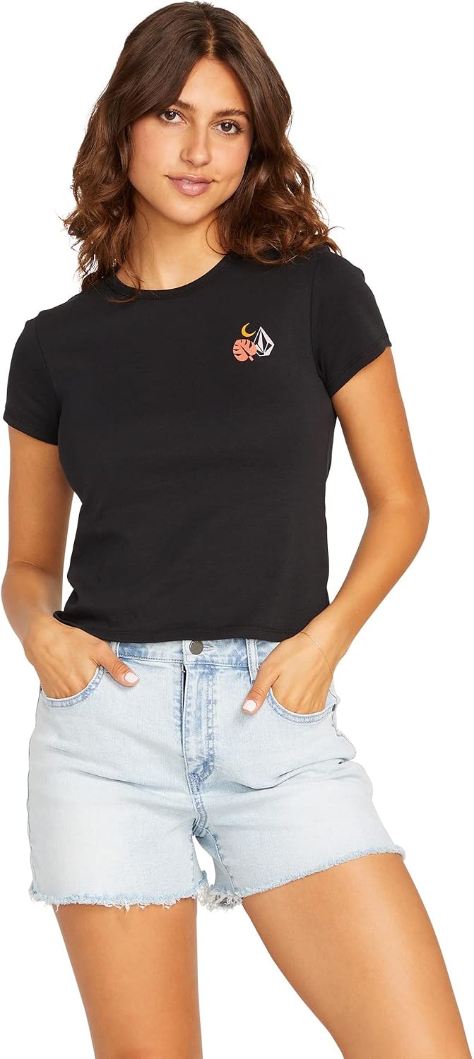 Volcom Women's Have a Clue Short Sleeve Tee – Fitted T-Shirt with Striped Neck Taping Black Black