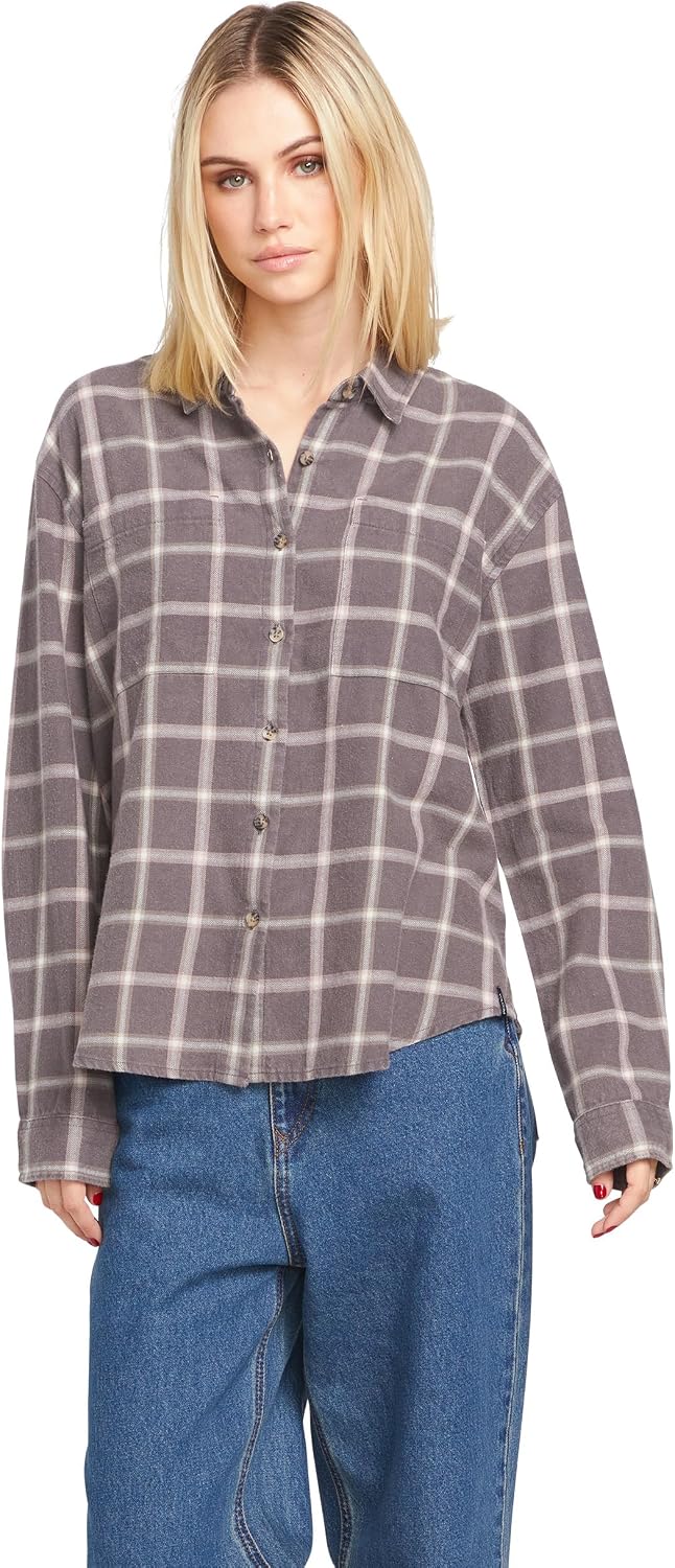 Volcom Women's Plaid to Meet U Long Sleeve Flannel Shirt Dark Grey