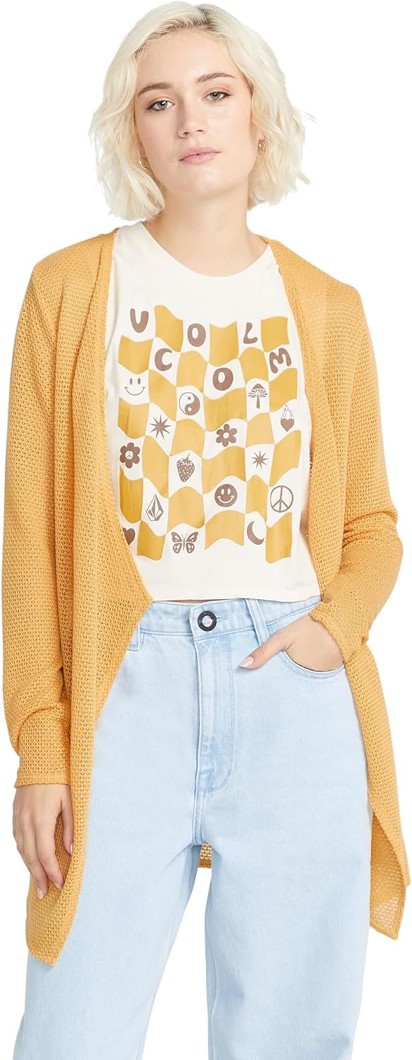 Volcom Women's Go Go Wrap Open Front Cardigan Sweater (Regular & Plus Size) Dust Gold