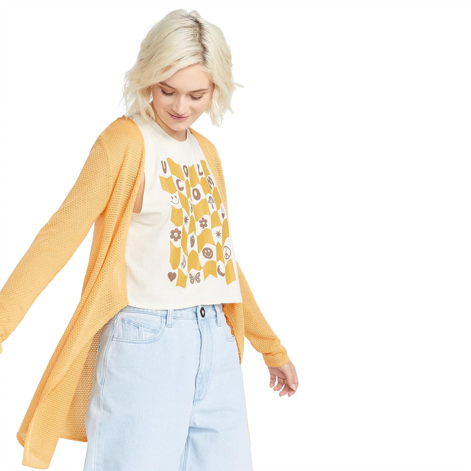 Volcom Women's Go Go Wrap Open Front Cardigan Sweater (Regular & Plus Size) Dust Gold