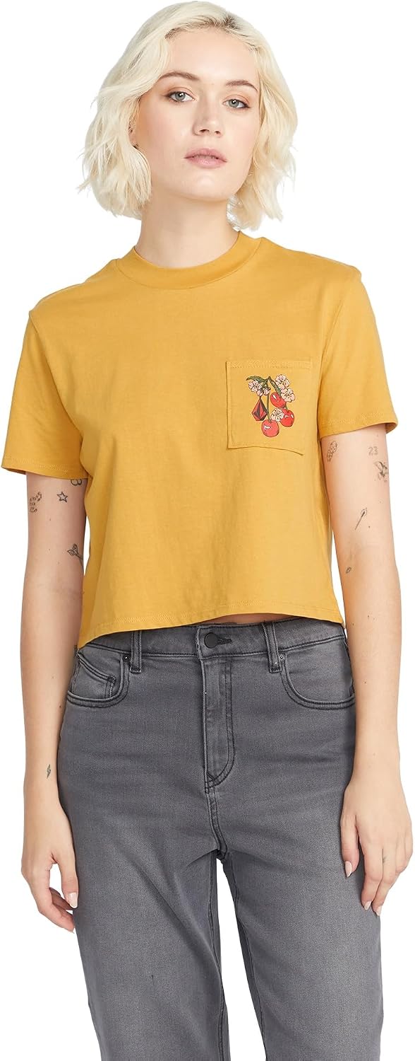 Volcom Women's Short Sleeve Pocket Dial Tee – Crew Neck T-Shirt with Chest Pocket and Screen Print Dijon
