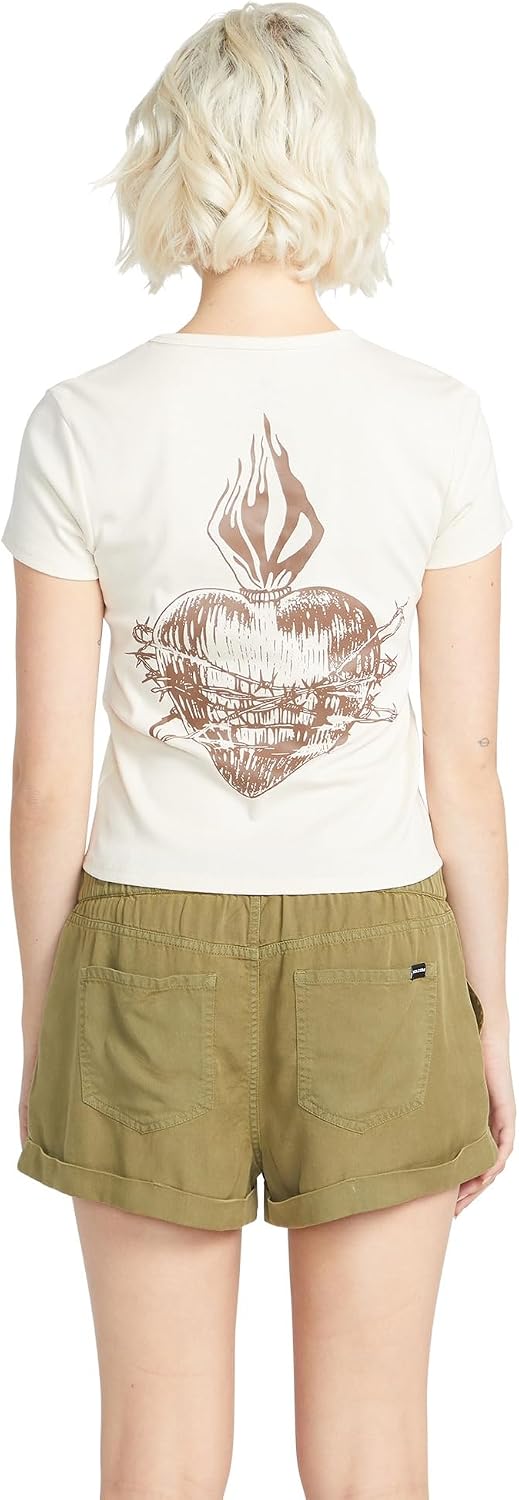 Volcom Women's Have a Clue Short Sleeve Tee – Fitted T-Shirt with Striped Neck Taping Cloud